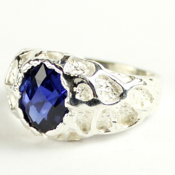 Lab Created Blue Sapphire Silver Men Ring, Sapphire & White  Men\'s Created Blue Sapphire Sterling Silver Ring